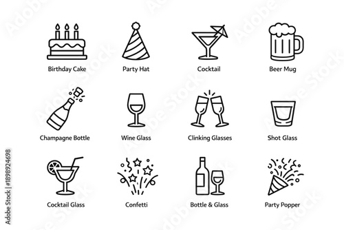 Birthday celebration icons: cake, party hat, drinks, confetti