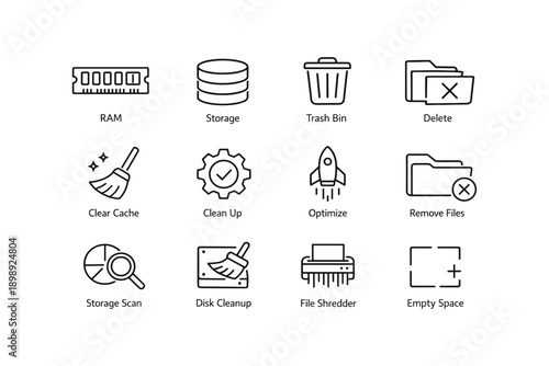 Icons for ram storage optimization and file management tasks