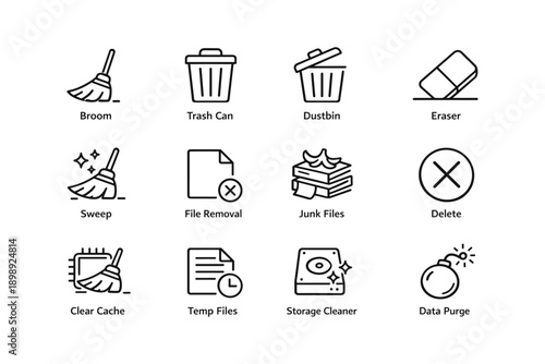 Clean-up icons set: broom, trash can, eraser, sweep, file removal, junk files, delete