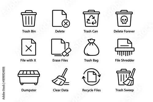 Trash and data management icons: delete, recycle, shred solutions