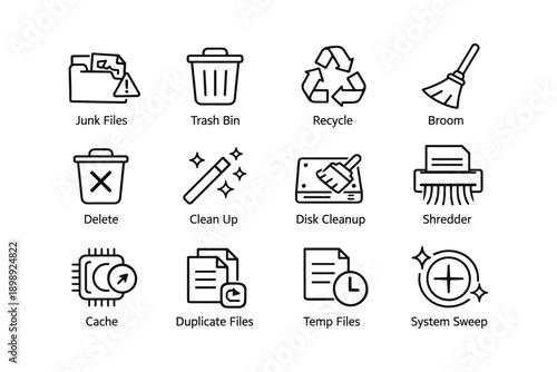 Set of twelve computer cleanup and maintenance icons