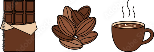 Chocolate bar, cocoa beans, and a steaming cup of hot chocolate illustration