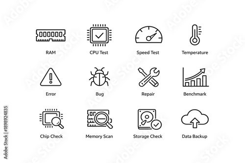 Technology icons: ram, cpu, speed test, temperature, error, bug, repair, benchmark, chip check