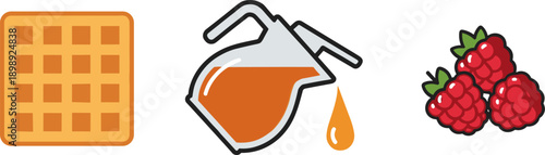 Waffle, syrup pitcher, and raspberries icons arranged in a row on a white background