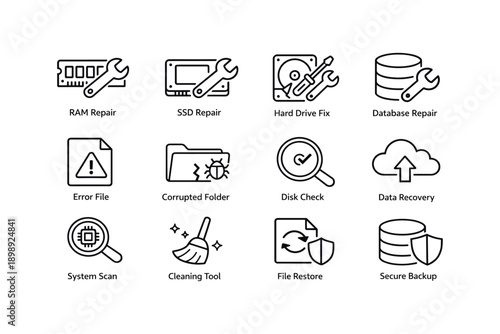 Data and hardware maintenance icons: repair, backup, and recovery