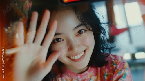A cheerful young Asian woman waving with a bright smile. Her positive energy and warm gesture suggest she is enjoying herself or greeting someone.