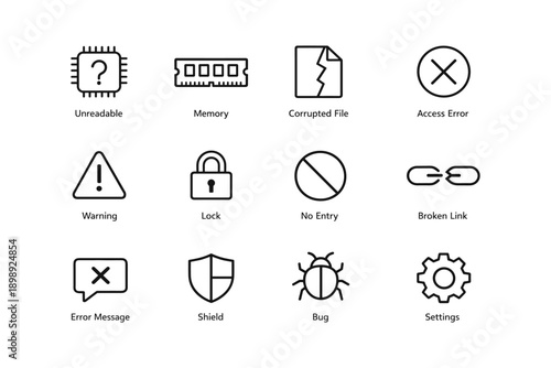 Technology icons set: warning, error, security, bug, and settings symbols