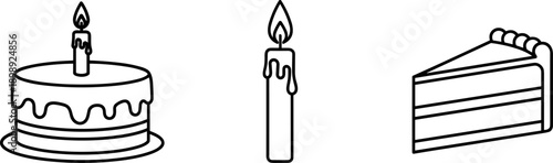 Simple line art icons of a birthday cake, a candle, and a slice of cake