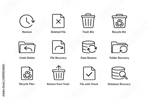File recovery icons: restore, delete, trash, recycle, database, folder