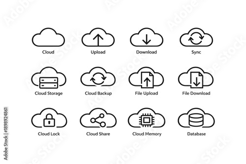 Cloud computing icons: upload, download, storage, sync, security, share, memory, database