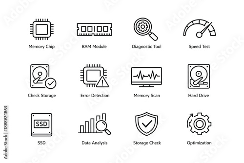 Computer hardware icons: diagnostics, storage, and performance tools
