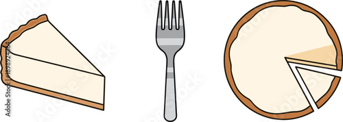 Simple illustration of a slice of cheesecake, a fork, and a whole cheesecake