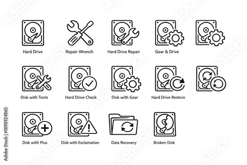 Hard drive repair and data recovery icon set