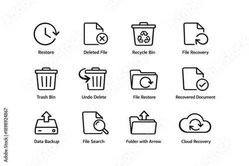 File management and recovery icons: restore, delete, backup, cloud