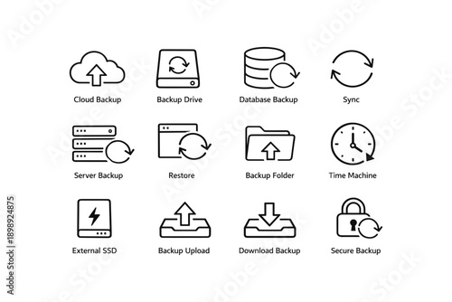 Backup and sync icon set: cloud, database, drive, folder, secure