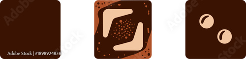 Three square chocolate pieces with different toppings and textures displayed side by side