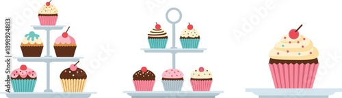 Assortment of colorful cupcakes displayed on tiered stands and plates
