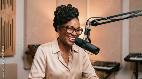 Smiling black woman recording podcast in professional studio