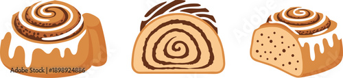 Three delicious cinnamon rolls with icing and swirls, presented in a flat design style