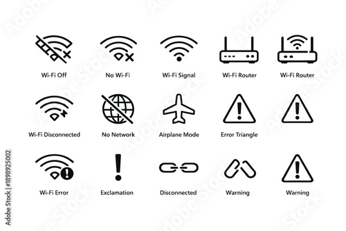 Wi-fi and network icon set with connectivity error symbols