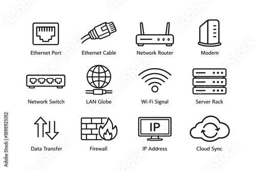 Network icons: ethernet, router, wi-fi, firewall, cloud sync