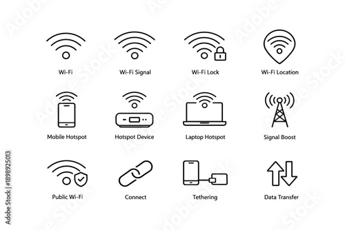 Wi-fi and connectivity icons: signals, hotspots, security, data transfer