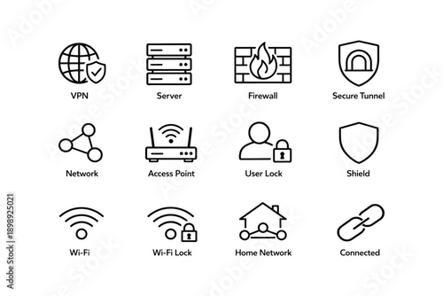 Cybersecurity icons: vpn, server, firewall, secure tunnel, network, shield