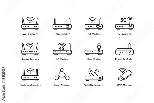 Various modem types: wi-fi, cable, dsl, 4g, 5g, fiber, portable, dual-band, mesh, satellite, usb