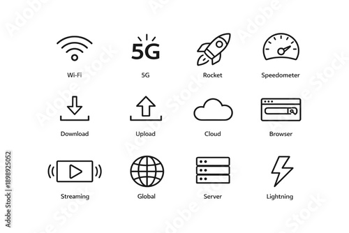 Set of technology icons including wi-fi, 5g, rocket, speedometer, and more