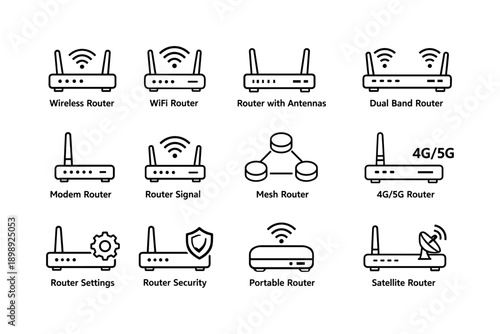 Collection of router and networking icons featuring various router types and functions