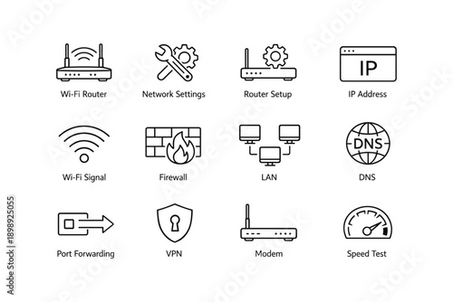 Essential network icons for wi-fi and internet configuration