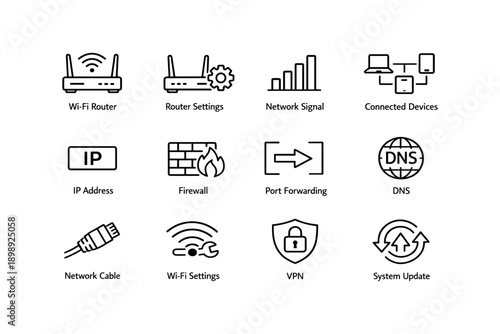 Essential network icons: router, signal, firewall, vpn, system update