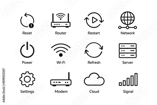 Technology icons set: router, wi-fi, cloud, server, signal, settings, network