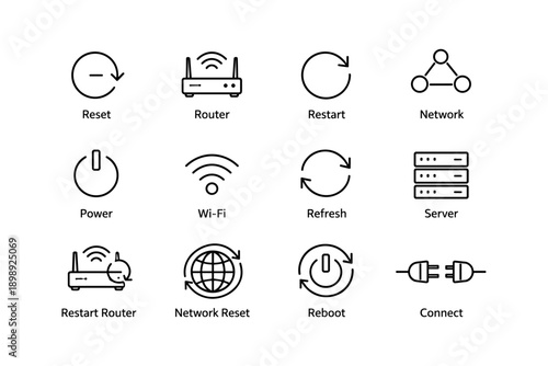 Network and router icons: reset, power, wi-fi, and connectivity symbols