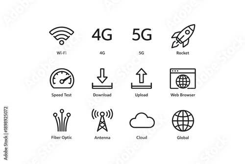 Digital communication icons: wi-fi, 4g, 5g, rocket, speed test, download, upload, browser