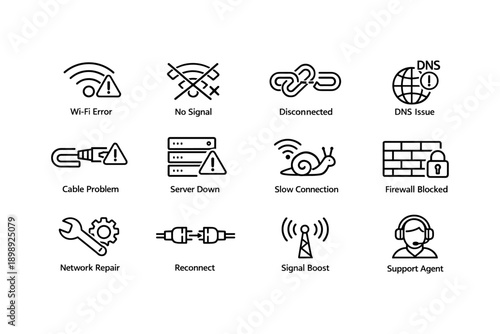 Icons representing network issues and solutions with simple line art