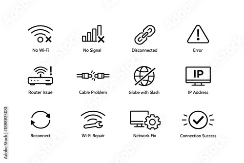 Network connection issues and solutions icon set