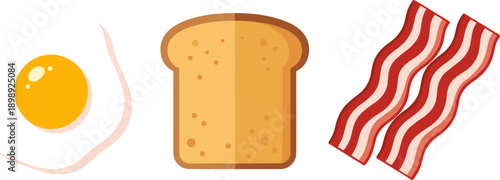 Simple illustration of fried egg, toast, and bacon strips on a white background