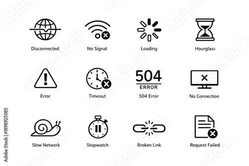 Disconnected icons set: network, loading, error, no connection, timeout