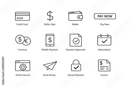 Payment and finance icon set including credit card, dollar sign, wallet, mobile payment, secure payment
