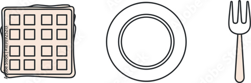Simple illustration of a waffle, plate, and fork on a white background