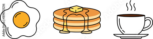 Simple cartoon icons of a fried egg, pancakes with butter, and a steaming cup of coffee