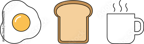 Simple flat icons of a fried egg, toast, and a steaming mug of coffee for breakfast
