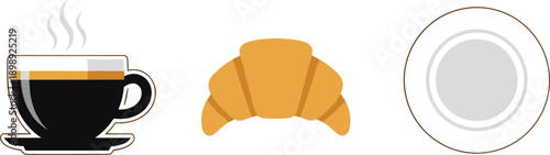 Hot coffee in a black cup with steam, a croissant, and a white plate on a white background