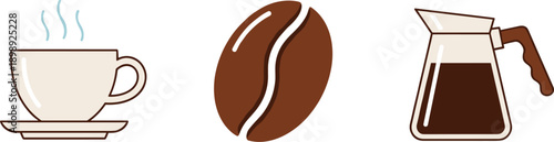 Simple flat icons of coffee cup, bean, and carafe on a white background