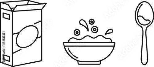 Simple line art illustration of cereal box, bowl of cereal with milk, and spoon