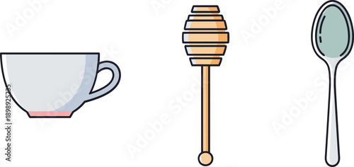 Simple flat design icons of a teacup, honey dipper, and spoon on a white background