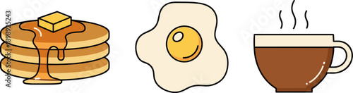 Delicious breakfast icons: pancakes with syrup, fried egg, and hot coffee cup
