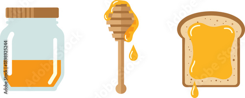 Sweet breakfast icons: jar of honey, honey dipper, and toast with honey