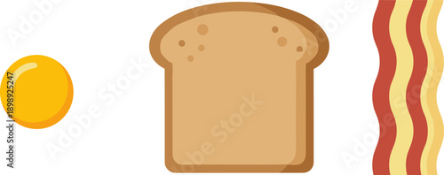 Simple cartoon illustration of a fried egg, toast, and bacon strips on a white background